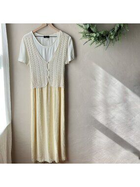 Vintage 90s Yellow Gingham Beaded Maxi Dress